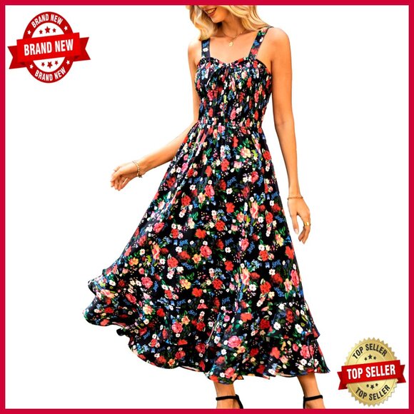 Dresses & Skirts - Floral Maxi Dress Boho A-Line Square Neck Tiered Ruffles Summer Beach